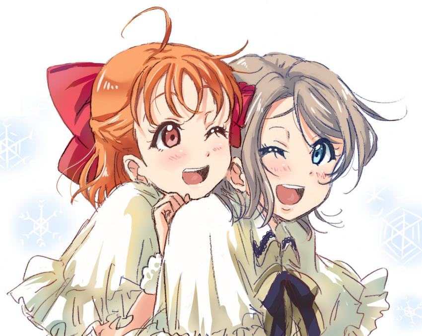 2girls ;d ahoge bangs blue_eyes blush bow frilled_capelet grey_hair hair_bow half_updo hand_on_another's_shoulder highres love_live! love_live!_sunshine!! multiple_girls one_eye_closed open_mouth orange_hair red_bow red_eyes ribbon rippe short_hair smile snowflake_background takami_chika upper_body watanabe_you