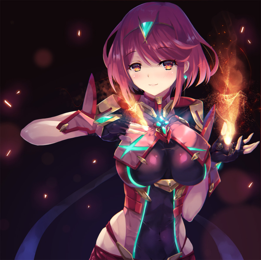 1girl blush breasts covered_navel earrings fingerless_gloves fire gloves hair_ornament hinot pyra_(xenoblade) jewelry large_breasts looking_at_viewer red_eyes redhead short_hair simple_background smile solo tiara xenoblade xenoblade_2