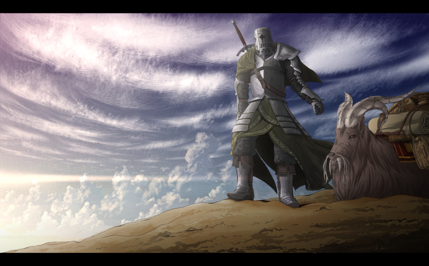 androgynous armor blue_sky clouds creature day diffraction_spikes fantasy faulds full_body gauntlets greaves helmet highres knight letterboxed original outdoors pack_animal sky solo spaulders standing sword tunic weapon yamada_tokihiko