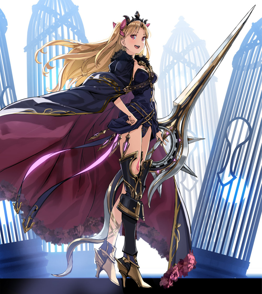 1girl :d armor armored_boots asymmetrical_legwear bangs birdcage black_dress black_footwear black_legwear black_leotard blonde_hair boots bow cage cape cloak dress ereshkigal_(fate/grand_order) fate/grand_order fate_(series) fur_trim hair_bow high_heel_boots high_heels highres holding holding_sword holding_weapon lance leotard long_hair open_mouth parted_bangs polearm purple_bow red_eyes single_greave single_thighhigh skull smile solo spine sword teeth thigh-highs thighs tiara tohsaka_rin two_side_up violet_eyes weapon yahako