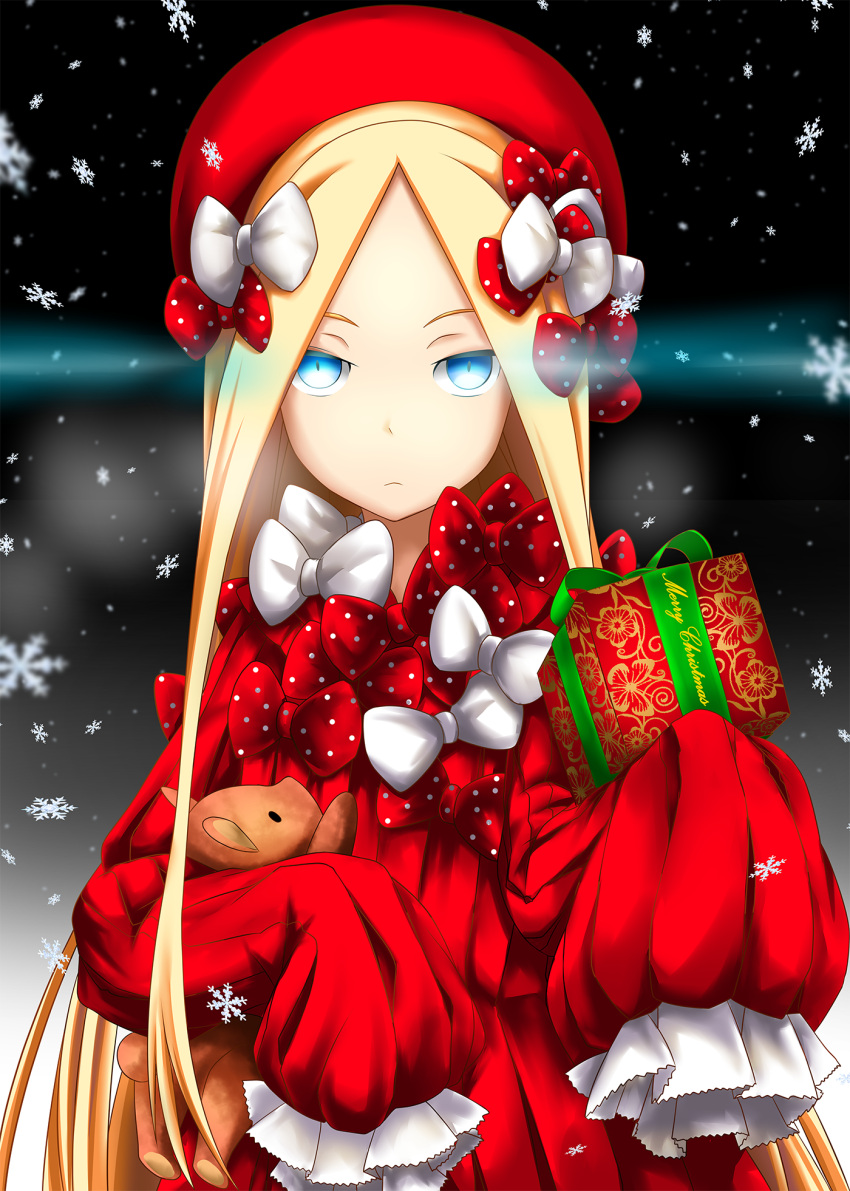 1girl abigail_williams_(fate/grand_order) alternate_color bangs black_background blonde_hair blue_eyes bow box butterfly christmas closed_mouth dress fate/grand_order fate_(series) forehead gift gift_box hair_bow hat highres holding holding_gift long_hair long_sleeves looking_at_viewer merry_christmas object_hug parted_bangs polka_dot polka_dot_bow red_bow red_dress red_hat sleeves_past_wrists snowflakes solo stuffed_animal stuffed_toy teddy_bear theerawat very_long_hair white_bow