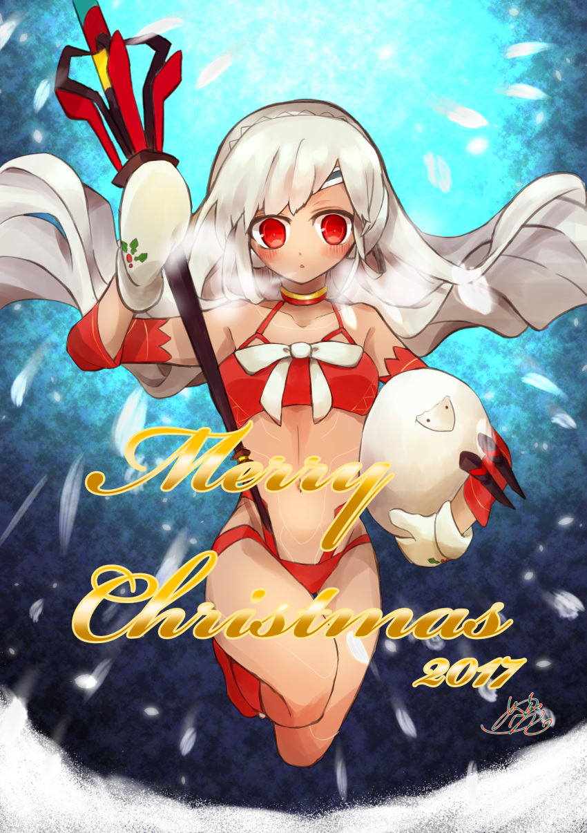 1girl absurdres altera_(fate) altera_the_santa bangs bare_shoulders blush breasts dark_skin detached_sleeves earmuffs fate/grand_order fate_(series) highres looking_at_viewer glasses_gohan mittens navel open_mouth red_choker red_eyes sheep short_hair solo underwear veil white_hair