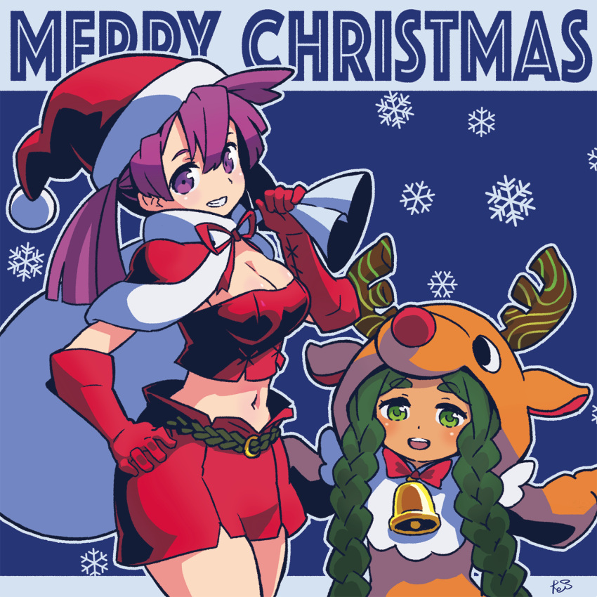 2girls :d animal_costume antlers bell bell_collar belt blue_background blush bow bowtie braid breasts capelet cleavage collar commentary_request copyright_request cow_bell crop_top fur_trim gloves green_eyes green_hair grin hat highres holding large_breasts long_hair looking_at_viewer midriff multiple_girls navel neck_ribbon open_mouth purple_hair red_gloves red_hat red_neckwear red_ribbon red_shorts reiesu_(reis) reindeer_antlers reindeer_costume ribbon sack santa_costume santa_hat short_shorts shorts signature simple_background smile snowflakes standing twin_braids twintails violet_eyes