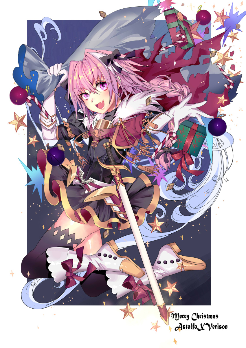 1boy absurdres arwin_scarlet astolfo_(fate) black_bow black_legwear boots bow braid cape christmas fang fate/apocrypha fate_(series) gauntlets hair_bow highres holding open_mouth pink_eyes pink_hair sheath sheathed single_braid smile sword thigh-highs trap weapon