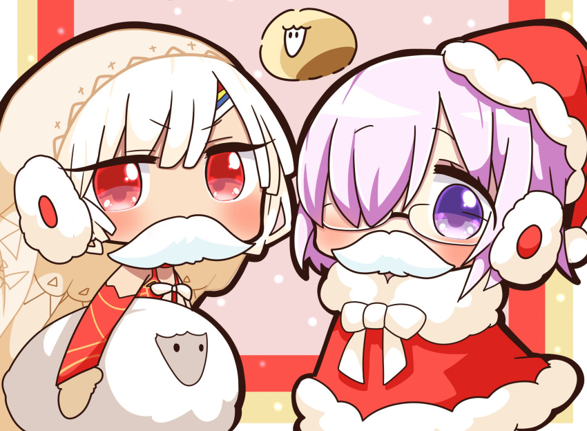 2girls altera_(fate) altera_the_santa blush bow bowtie capelet chibi commentary_request detached_sleeves earmuffs eyebrows_visible_through_hair eyelashes fake_mustache fate/grand_order fate_(series) fur_trim hair_over_one_eye hat highres jako_(jakoo21) looking_at_viewer mash_kyrielight multiple_girls one_eye_covered purple_hair red_capelet red_eyes red_hat santa_costume santa_hat sheep short_hair standing under-rim_eyewear veil violet_eyes white_hair white_neckwear