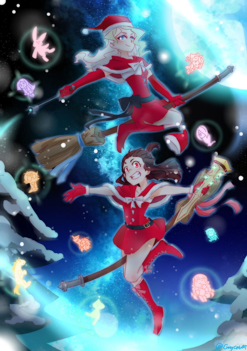 absurdres artist_request broom broom_riding christmas diana_cavendish hat highres kagari_atsuko little_witch_academia santa_costume santa_hat wand