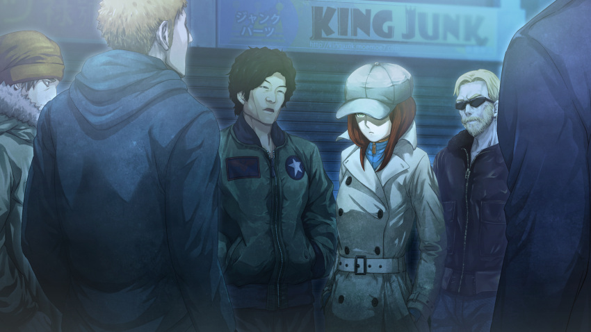 amane_suzuha beard belt black-framed_eyewear black_hair blonde_hair brown_hair facial_hair game_cg green_eyes grey_coat grey_hat hands_in_pocket hat_over_one_eye highres hooded huke long_hair night official_art outdoors short_hair spoilers standing steins;gate_zero sunglasses visor_cap zipper