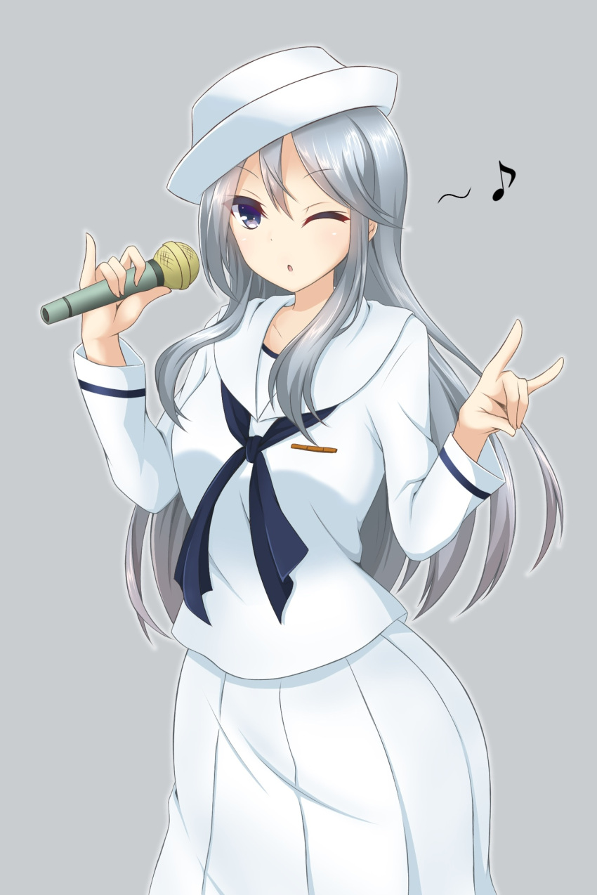 1girl \n/ blouse blue_neckwear commentary dixie_cup_hat eyebrows_visible_through_hair flint_(girls_und_panzer) girls_und_panzer grey_background grey_hair hat highres holding holding_microphone long_hair long_sleeves looking_at_viewer medium_skirt microphone military_hat musical_note neckerchief one_eye_closed parted_lips pinky_out quaver ryochapu sailor school_uniform serafuku simple_background skirt solo standing upper_body white_blouse white_hat white_skirt