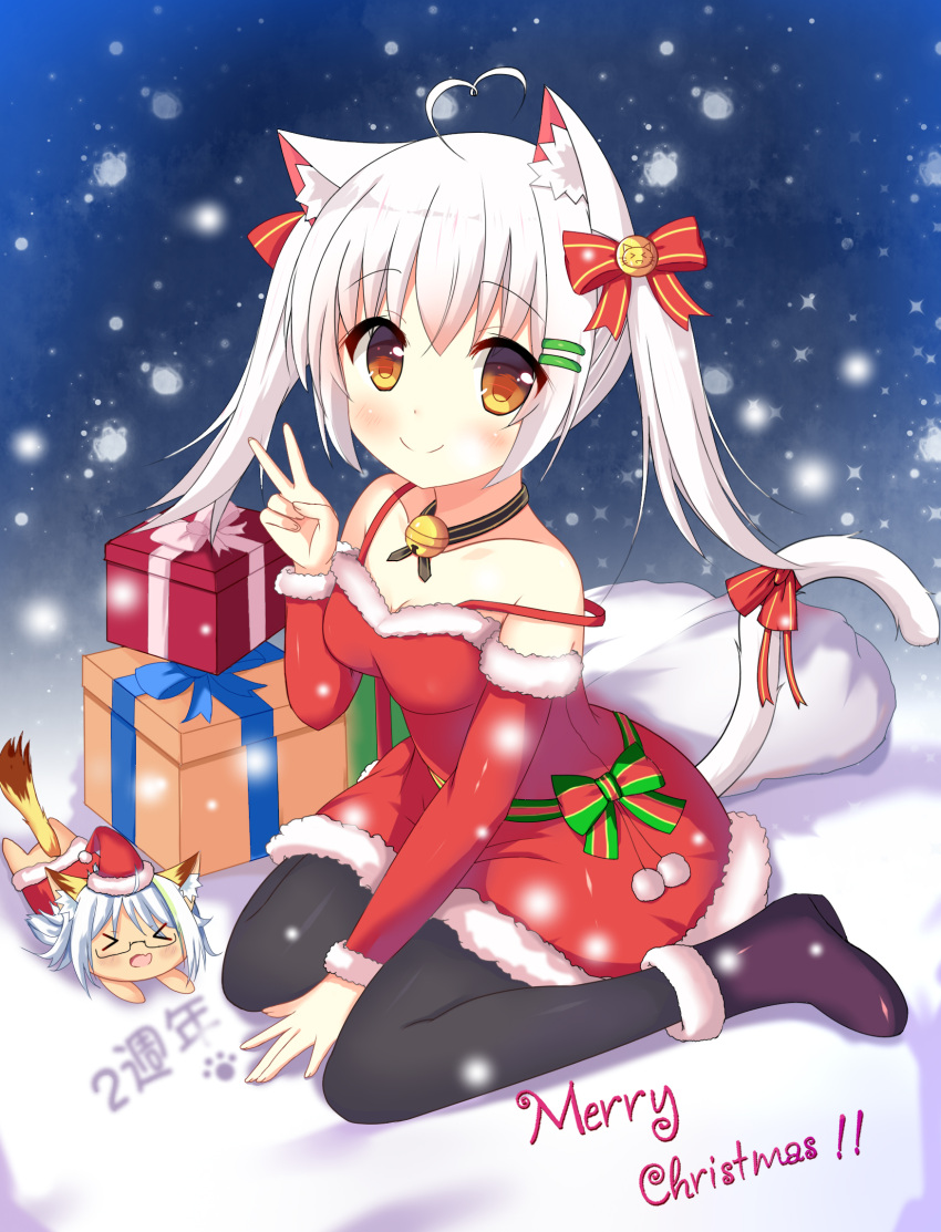&gt;_&lt; 1girl ahoge animal_ears bangs bell between_legs black_footwear black_legwear blue_hair blush bow box brown_eyes cat_ears cat_girl cat_tail christmas closed_mouth collarbone detached_sleeves dress eyebrows_visible_through_hair fang fingernails fur-trimmed_boots fur-trimmed_dress fur-trimmed_hat fur-trimmed_sleeves fur_trim gift gift_box hair_between_eyes hair_bow hand_between_legs hand_up hat heart_ahoge highres jingle_bell long_hair long_sleeves looking_at_viewer merry_christmas open_mouth original pantyhose red_bow red_dress redhead sack santa_costume santa_hat sidelocks silver_hair sitting sleeveless sleeveless_dress smile solo striped striped_bow tail tail_bow tiger_ears tiger_girl tiger_tail translated twintails v wariza xiaosamiao
