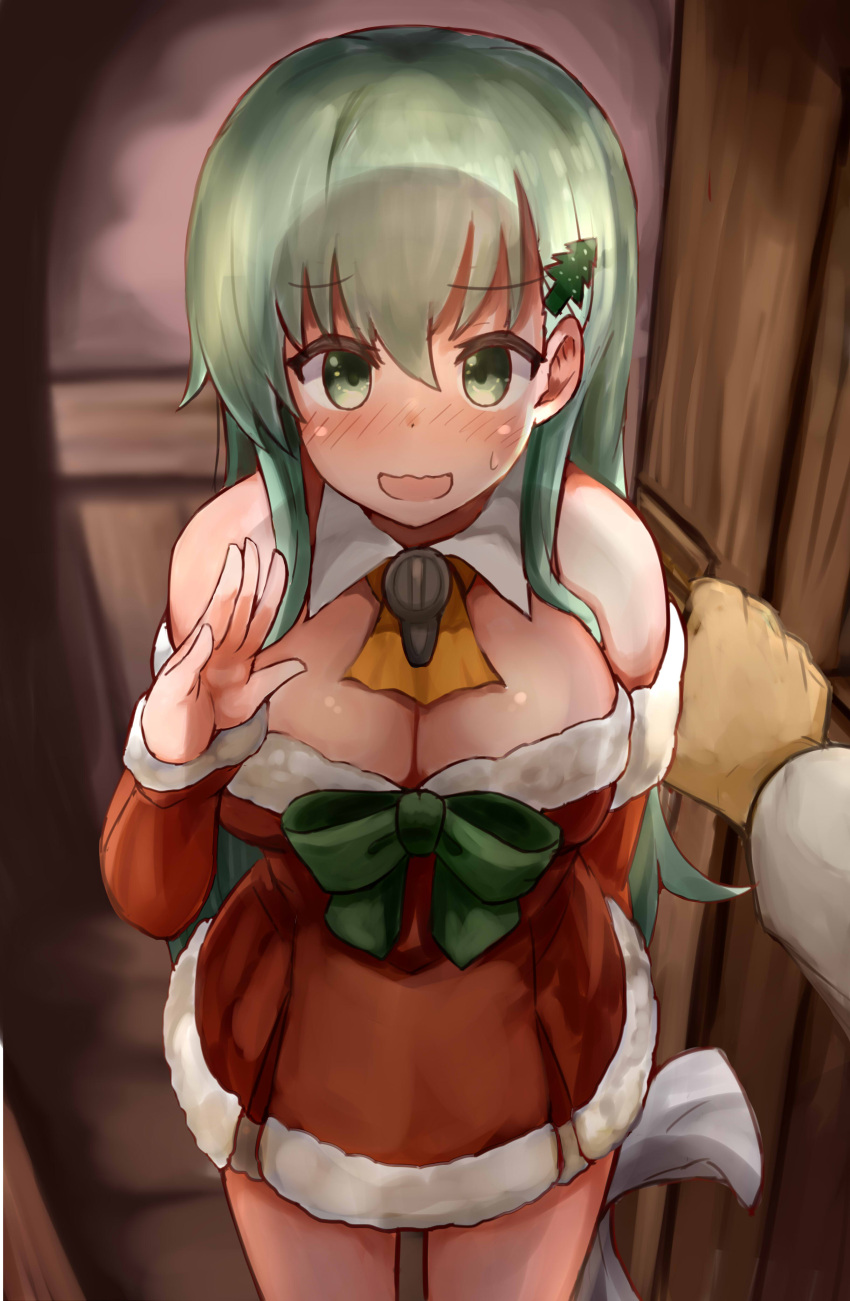 1girl absurdres against_wall aqua_eyes aqua_hair ascot bare_shoulders blush breasts cleavage detached_sleeves hair_ornament hairclip highres kantai_collection large_breasts long_hair looking_at_another looking_at_viewer okitsugu open_mouth pov santa_costume smile solo solo_focus suzuya_(kantai_collection) sweatdrop thighs wall_slam