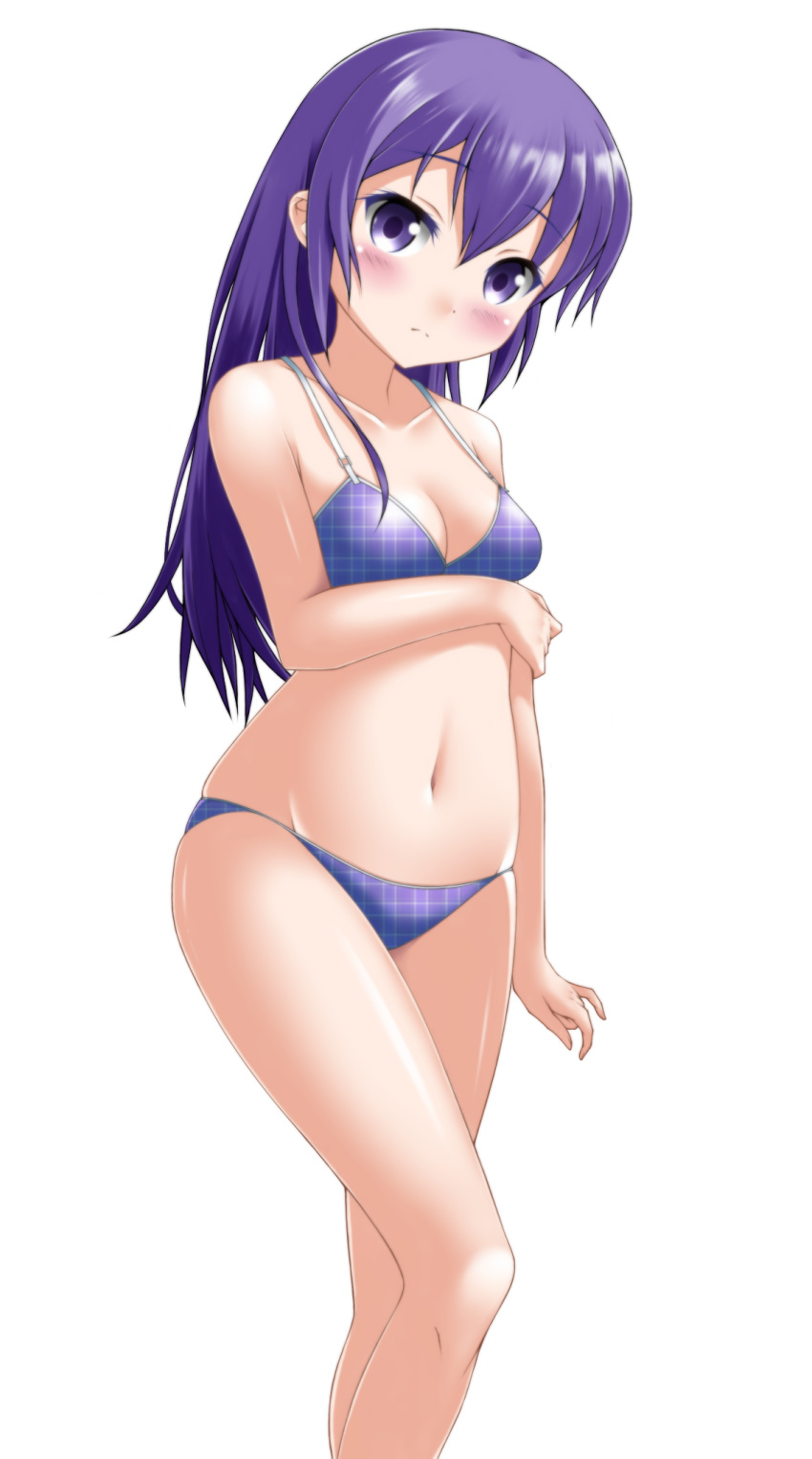 1girl bangs bare_arms bare_shoulders blush bra breasts cleavage closed_mouth collarbone commentary_request eyebrows_visible_through_hair gochuumon_wa_usagi_desu_ka? groin hair_between_eyes head_tilt highres kaze_makase long_hair looking_at_viewer medium_breasts navel panties plaid plaid_bra plaid_panties purple_bra purple_hair purple_panties simple_background solo tedeza_rize underwear underwear_only very_long_hair violet_eyes white_background