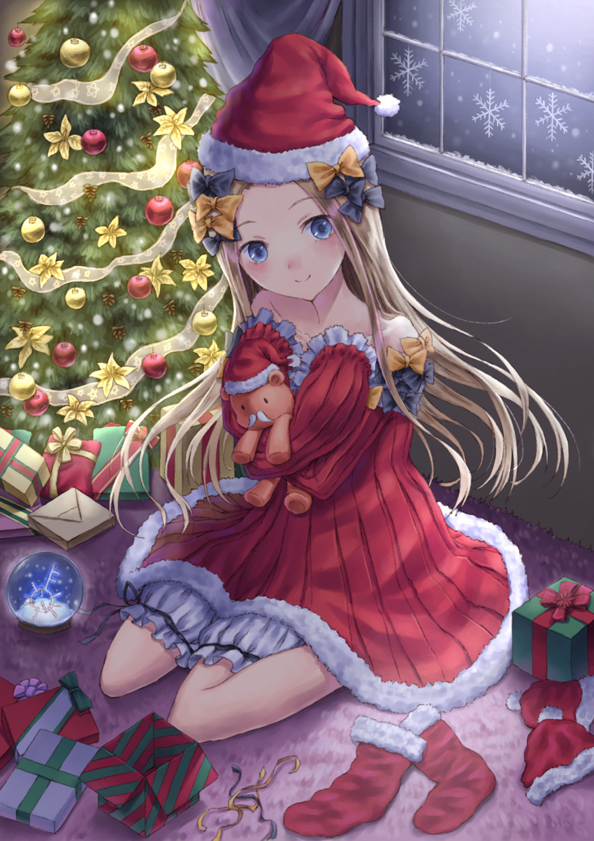 1girl abigail_williams_(fate/grand_order) absurdres bangs bare_shoulders black_bow blonde_hair bloomers blue_eyes blush bow box butterfly christmas christmas_ornaments christmas_stocking christmas_tree closed_mouth collarbone commentary_request curtains dress fate/grand_order fate_(series) forehead fur-trimmed_dress fur-trimmed_hat gift gift_box hair_bow hat highres indoors long_hair long_sleeves looking_at_viewer object_hug on_floor orange_bow parted_bangs red_dress red_hat santa_hat sitting sleeves_past_wrists smile snow_globe snowing solo strapless strapless_dress stuffed_animal stuffed_toy teddy_bear tobychou underwear very_long_hair wariza white_bloomers window