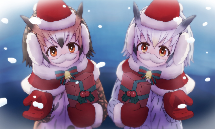 2girls bell box brown_eyes brown_hair capelet christmas closed_eyes commentary da_(bobafett) earmuffs eurasian_eagle_owl_(kemono_friends) fake_mustache fur_trim gift gift_box hat highres holly kemono_friends looking_at_viewer mittens multicolored_hair multiple_girls northern_white-faced_owl_(kemono_friends) santa_costume santa_hat short_hair snowing white_hair