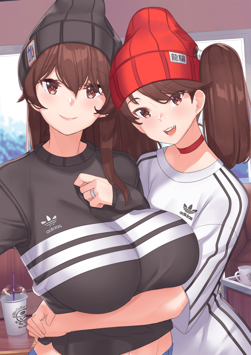 2girls adidas bangs beanie black_hat black_shirt breast_lift breasts brown_eyes brown_hair choker closed_mouth coffee coffee_cup denim drinking_straw eyebrows_visible_through_hair franham hair_between_eyes hand_on_own_chest hat highres hug huge_breasts indoors jeans jewelry kaga_(kantai_collection) kantai_collection long_hair looking_at_viewer multiple_girls navel open_mouth pants pink_lips red_choker red_hat ring ryuujou_(kantai_collection) self_shot shirt smile striped swept_bangs twintails upper_body wedding_band white_shirt