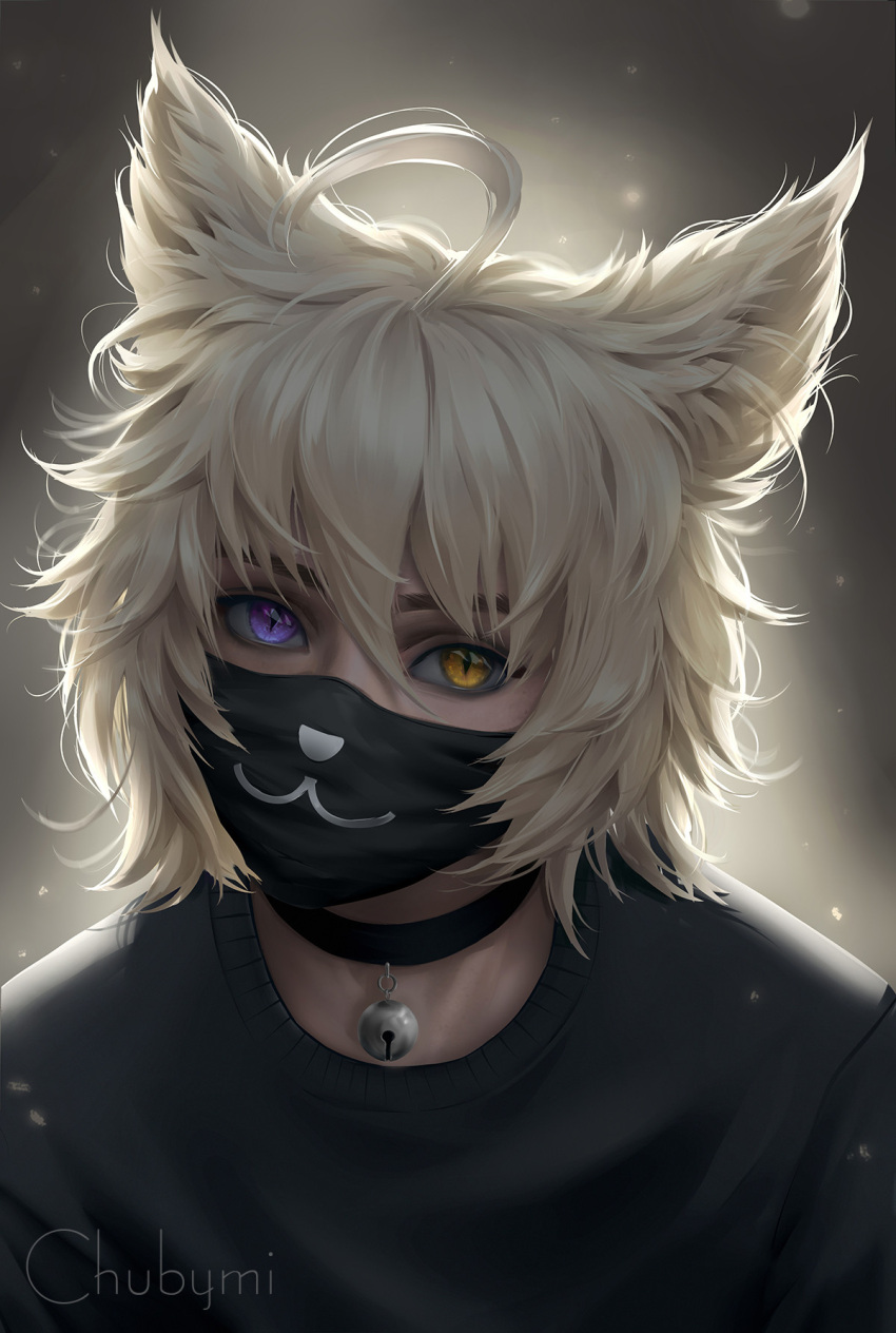 1boy :3 ahoge animal_ears artist_name black_choker black_shirt black_surgical_mask blonde_hair cat_ears choker chuby_mi emoticon emoticon_mask expressive_surgical_mask face_mask heterochromia highres looking_at_viewer male_focus mask original shirt slit_pupils solo surgical_mask violet_eyes watermark yellow_eyes