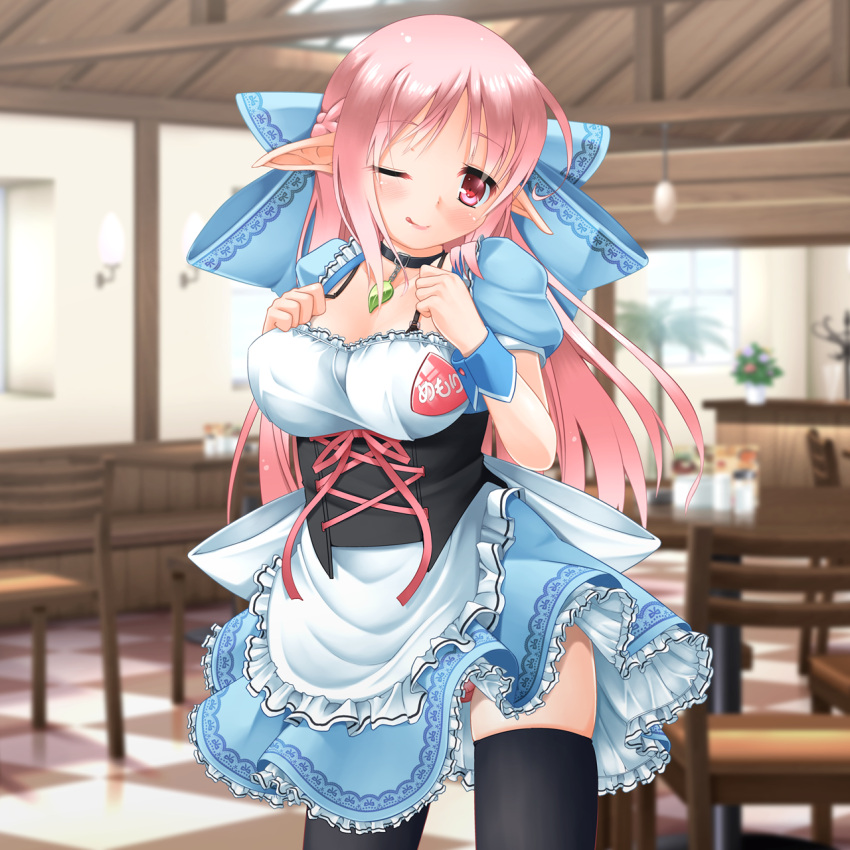 1girl ;q apron black_legwear blurry blurry_background bow bra_strap braid breasts cafe checkered checkered_floor collar corset crown_braid elf eyebrows_visible_through_hair eyes_visible_through_hair frilled_apron frills game_cg hair_bow highres indoors kanna_hisashi large_bow large_breasts long_hair looking_at_viewer name_tag one_eye_closed original panties panty_peek pink_hair pink_panties pointy_ears puffy_short_sleeves puffy_sleeves red_eyes short_sleeves solo thigh-highs tongue tongue_out underwear waist_apron waitress wrist_cuffs