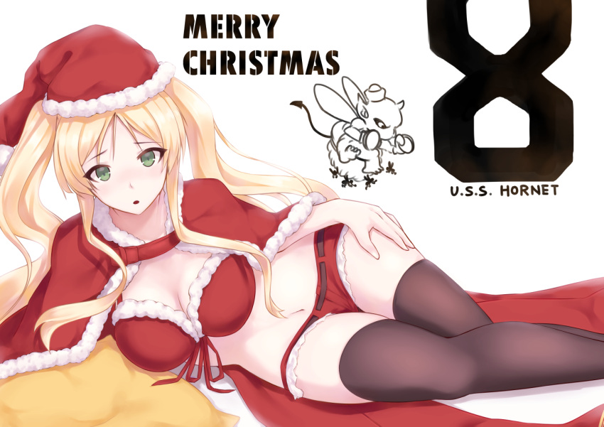 1girl adapted_costume azur_lane bangs bikini_top black_legwear blonde_hair blush breasts cape character_name christmas cleavage emblem enchuu front-tie_top green_eyes hand_on_own_thigh hat hornet_(azur_lane) looking_at_viewer lying merry_christmas midriff navel on_side parted_lips red_bikini_top red_cape red_hat red_shorts red_swimsuit santa_costume santa_hat short_shorts shorts solo swimsuit thigh-highs twintails