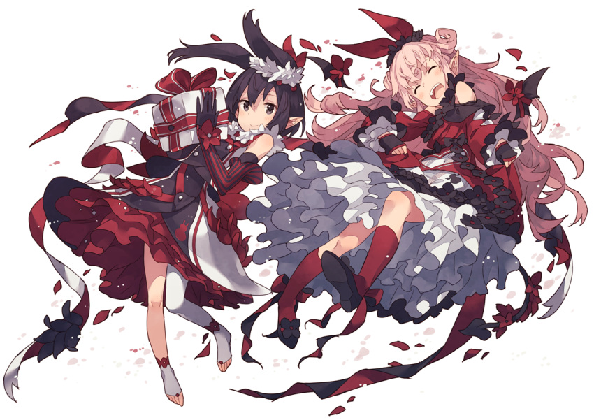 2girls :d alternate_costume bangs bare_shoulders black_eyes black_gloves black_hair blush bow closed_mouth commentary_request dress elbow_gloves eyebrows_visible_through_hair facing_viewer flower frilled_dress frills gift gloves hair_between_eyes hair_bow hair_ornament long_hair looking_at_viewer mano_(narumi_arata) mismatched_legwear multiple_girls narumi_arata open_mouth original petals pink_hair pointy_ears recri red_bow red_legwear short_hair simple_background single_sock single_thighhigh smile socks thigh-highs toeless_legwear topknot white_background white_legwear