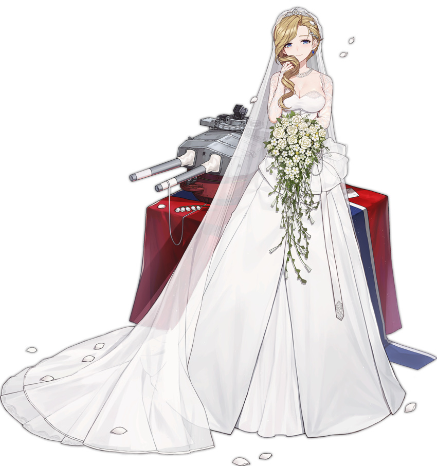 1girl asymmetrical_hair azur_lane blonde_hair blue_eyes bouquet breasts bridal_veil cleavage collarbone detached_sleeves dress earrings eyebrows eyelashes facing_viewer flower full_body highres holding holding_bouquet hood_(azur_lane) jewelry large_breasts long_hair long_sleeves looking_at_viewer machinery necklace official_art pearl_necklace petals rose sa_(h28085) see-through simple_background single_hair_intake skindentation sleeves_past_wrists smile solo standing strapless strapless_dress tareme tears tiara transparent_background turret veil wedding_dress white_dress white_rose