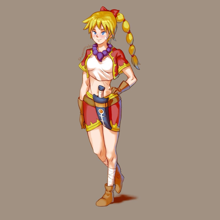 1girl blonde_hair blue_eyes braid breasts chrono_cross commentary_request gloves highres jewelry kid_(chrono_cross) long_hair midriff navel necklace ponytail single_braid skirt smile solo vest