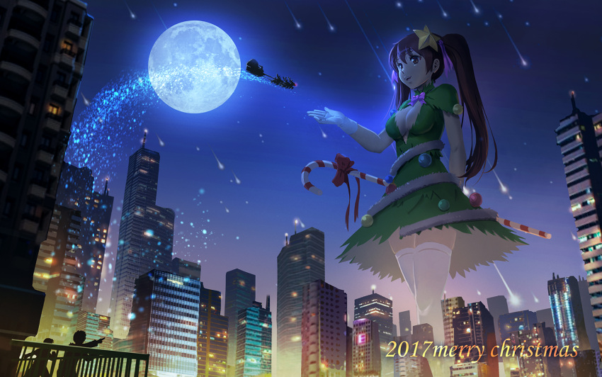 1girl 2017 arm_behind_back balcony bauble bow breasts brown_eyes brown_hair building city cleavage cleavage_cutout dress flying full_moon fur-trimmed_dress giantess gloves glowing gradient_sky green_dress hair_ornament hair_ribbon long_hair medium_breasts merry_christmas moon night night_sky open_mouth original outstretched_hand pointing pointing_up purple_ribbon red_bow reindeer ribbon rudolph_the_red_nosed_reindeer santa_claus shooting_star silver_hair sky standing star star_hair_ornament thigh-highs tienao twintails walking_stick white_gloves white_legwear zettai_ryouiki