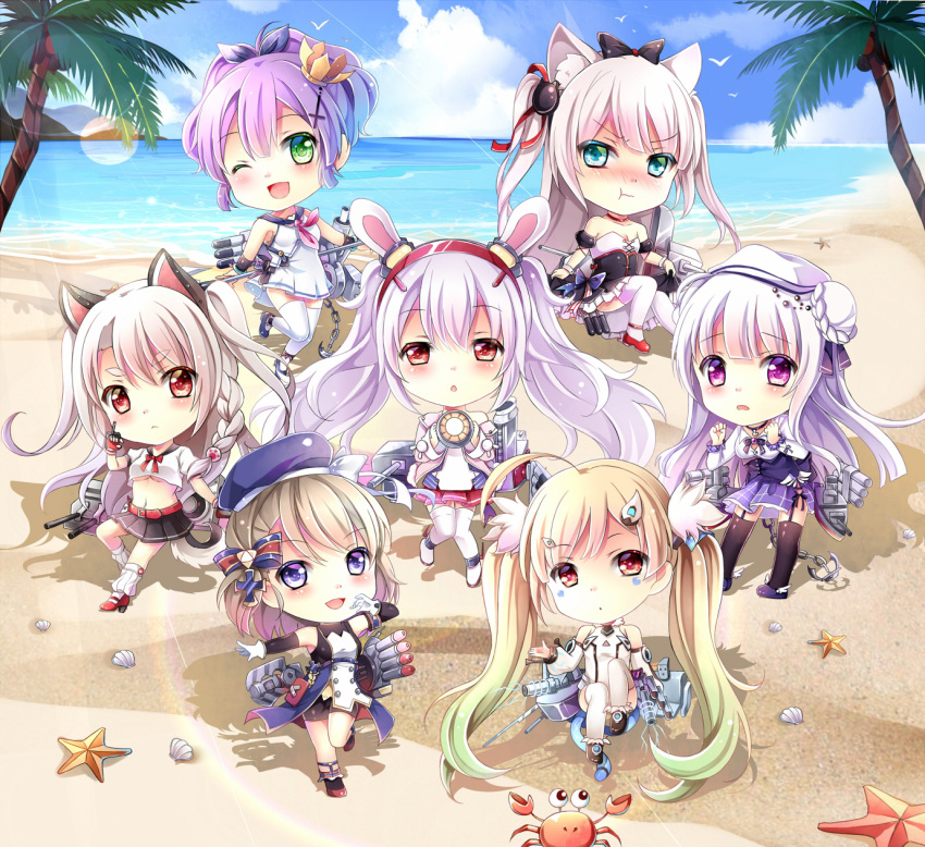 6+girls :t ;d ahoge anchor animal animal_ears ankle_lace-up arm_warmers azur_lane bangs bare_shoulders beach belt_buckle beret bird black_bodysuit black_bow black_dress black_footwear black_legwear black_skirt blonde_hair blue_footwear blue_hat blue_sky blush bodysuit bow bowtie braid breasts buckle cannon cat_ears cat_hair_ornament chains chestnut_mouth chibi closed_mouth clouds cloudy_sky crab crop_top cross-laced_footwear crown cygnet_(azur_lane) detached_sleeves dress eldridge_(azur_lane) eyebrows_visible_through_hair facial_mark fingerless_gloves garter_straps gloves gradient_hair green_eyes green_hair gyaza hair_between_eyes hair_bow hair_ornament hair_ribbon hairband hammann_(azur_lane) hat high_heels high_ponytail highres holding horizon iron_cross jacket javelin_(azur_lane) laffey_(azur_lane) large_breasts long_hair long_sleeves looking_at_viewer loose_socks machinery medium_breasts mini_crown multicolored_hair multiple_girls navel nose_blush ocean off-shoulder_dress off_shoulder one_eye_closed open_mouth palm_tree parted_lips pink_jacket plaid plaid_skirt pleated_skirt ponytail pout puffy_long_sleeves puffy_short_sleeves puffy_sleeves purple_hair purple_legwear purple_skirt rabbit_ears red_belt red_eyes red_footwear red_gloves red_hairband red_neckwear red_ribbon red_skirt remodel_(azur_lane) ribbon sailor_dress searchlight shell shirt short_hair short_sleeves silver_hair skirt sky sleeveless sleeveless_dress smile socks standing starfish striped striped_bow sunlight tail thick_eyebrows thigh-highs torpedo tree turret twintails two_side_up v-shaped_eyebrows very_long_hair violet_eyes water white_dress white_footwear white_gloves white_hat white_legwear white_shirt wolf_ears wolf_girl wolf_tail wrist_cuffs yuudachi_(azur_lane) z23_(azur_lane)