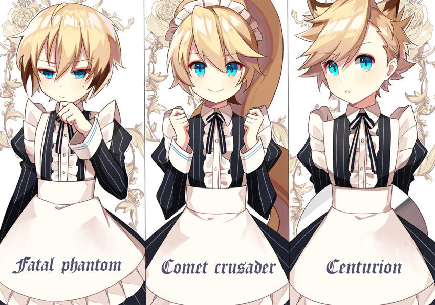 1boy alternate_costume alternate_hairstyle apron blonde_hair blue_eyes chung_seiker dress elsword enmaided long_hair looking_at_viewer maid maid_apron maid_headdress male_focus ponytail puffy_sleeves sal smile solo waist_apron