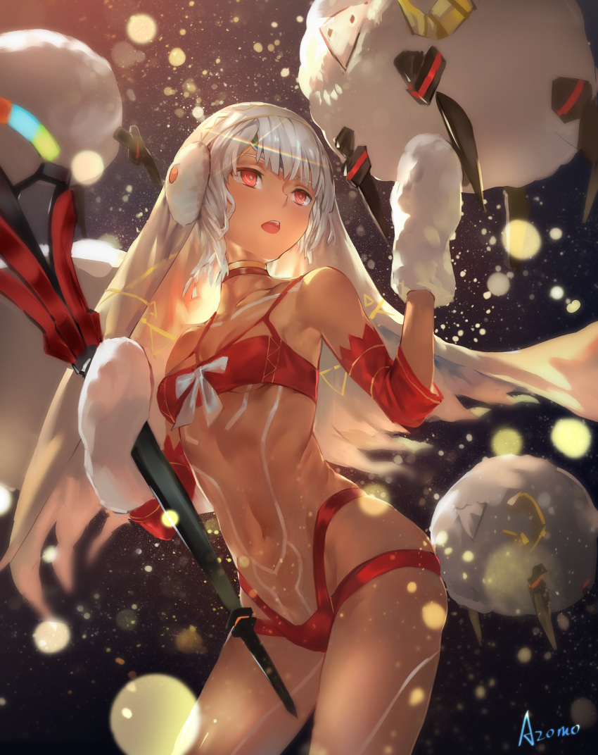 1girl :o altera_(fate) altera_the_santa artist_name avamone bangs bare_shoulders bra bright_pupils choker cowboy_shot detached_sleeves earmuffs fate/grand_order fate_(series) gloves headband highres holding light_particles looking_up mittens navel open_mouth panties red_bra red_choker red_eyes red_panties sheep short_hair solo standing tattoo underwear veil white white_gloves