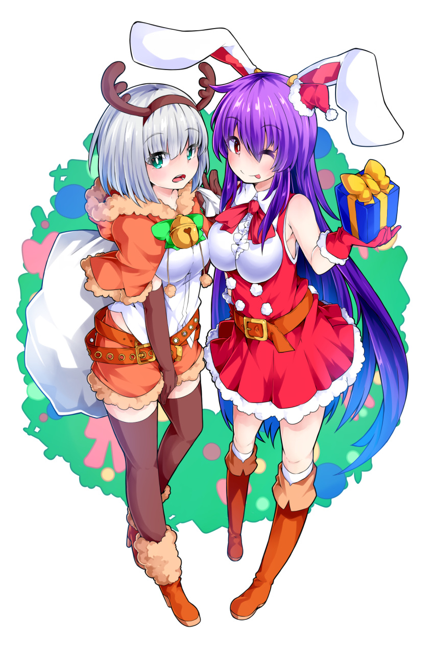 2girls alternate_costume animal_ears aqua_eyes bare_shoulders bell belt boots bow box breasts brown_gloves brown_legwear capelet commentary_request dress fake_antlers full_body gift gift_box gloves green_bow green_neckwear hat highres holding holding_box holding_gift holding_sack hooded_capelet ishimu kneehighs konpaku_youmu large_breasts long_hair looking_at_viewer medium_breasts multiple_girls neck_bow one_eye_closed open_mouth purple_hair rabbit_ears red_bow red_dress red_eyes red_gloves red_neckwear reisen_udongein_inaba sack santa_hat short_hair sidelocks smile thigh-highs tongue tongue_out touhou very_long_hair white_hair white_legwear