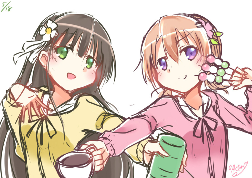 2girls :d alternate_hairstyle bangs black_neckwear black_ribbon blouse blunt_bangs blush breasts brown_hair buttons closed_mouth coffee collarbone cup dango dated eyebrows_visible_through_hair flower food gochuumon_wa_usagi_desu_ka? green_eyes hair_flower hair_ornament hairclip hetareeji holding hoto_cocoa hoto_cocoa's_school_uniform long_hair long_sleeves looking_at_viewer low_twintails medium_breasts multiple_girls neck_ribbon open_mouth orange_hair outstretched_arm pink_blouse ribbon sailor_collar school_uniform serafuku short_hair short_twintails signature sketch smile twintails ujimatsu_chiya upper_body violet_eyes wagashi white_background white_flower white_ribbon white_sailor_collar yellow_blouse yunomi