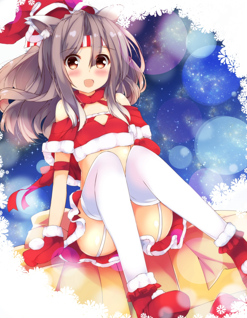 1girl :d animal_ears bangs blush boots brown_eyes brown_hair christmas commentary_request crop_top eyebrows_visible_through_hair fur-trimmed_boots fur-trimmed_skirt fur_trim fuuna garter_straps hair_between_eyes hat headband highres kantai_collection long_hair looking_at_viewer mittens open_mouth red_footwear red_hat red_mittens red_skirt santa_boots santa_hat sitting skirt smile solo thigh-highs white_legwear zuihou_(kantai_collection)