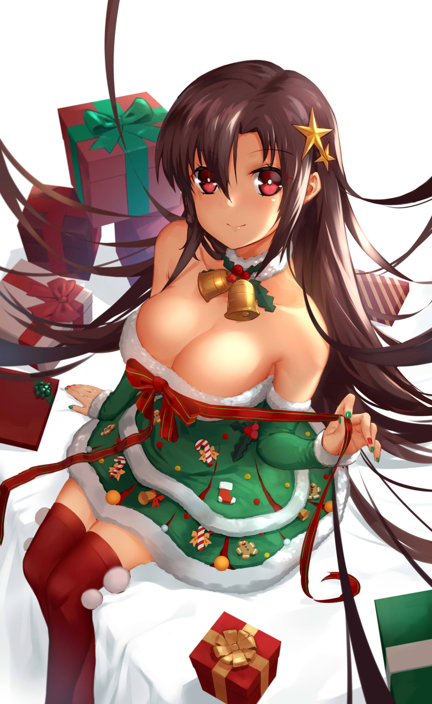 1girl absurdres arm_support bangs bare_shoulders bell bell_choker blush bow breasts brown_hair candy candy_cane chilunchilun choker christmas christmas_ornaments cleavage collarbone crossed_ankles detached_sleeves dress floating_hair food from_above fur-trimmed_dress fur-trimmed_sleeves fur_trim gift girls_frontline green_nails hair_ornament highres holding holding_ribbon large_breasts layered_dress long_hair long_sleeves looking_at_viewer multicolored multicolored_clothes multicolored_dress nail_polish pinching red_legwear red_nails ribbon ribbon_choker short_dress sitting smile solo star star_hair_ornament strapless strapless_dress thigh-highs thighs type_64_(girls_frontline) very_long_hair violet_eyes zettai_ryouiki
