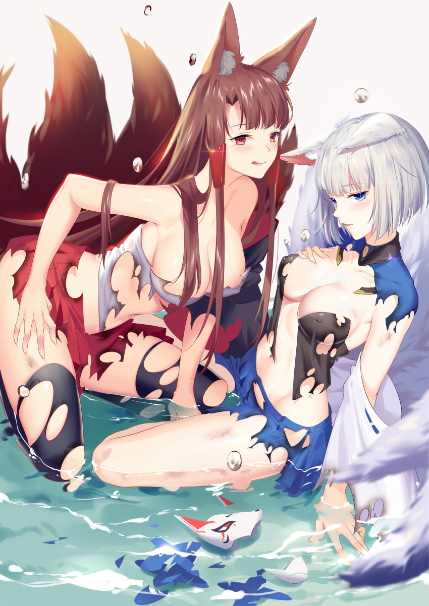 2girls :q absurdres akagi_(azur_lane) animal_ears azur_lane black_legwear blue_eyes blush breasts broken_mask brown_hair cleavage commentary fox_ears fox_tail hair_tubes highres injury japanese_clothes kaga_(azur_lane) kneeling large_breasts long_hair looking_at_viewer maomaozi multiple_girls multiple_tails parted_lips red_eyes short_hair sitting tail thigh-highs tongue tongue_out torn_clothes torn_thighhighs water_drop white_hair