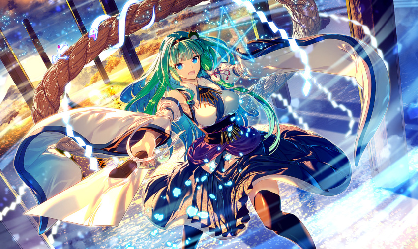 1girl bangs black_legwear blue_eyes blue_skirt blunt_bangs breasts danmaku detached_sleeves frog_hair_ornament green_hair hair_ornament hair_tubes hairband kochiya_sanae large_breasts light_particles long_hair looking_at_viewer mountain obi oonusa outdoors rope sash shimenawa skirt smile snake solo thigh-highs touhou white_snake zounose