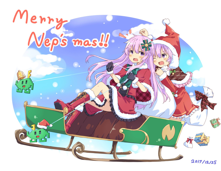 2girls absurdres alternate_costume black_gloves blush boots brown_capelet checkered clouds cloudy_sky commentary_request dress floating framed from_behind fur_trim gift gloves hair_ornament hat highres long_hair looking_at_another looking_back multiple_girls nepgear neptune_(choujigen_game_neptune) neptune_(series) night night_sky normaland one_eye_closed open_mouth purple_hair red_capelet red_dress red_footwear ribbon-trimmed_dress riding santa_costume santa_hat short_hair siblings sisters sky sleigh snowing violet_eyes