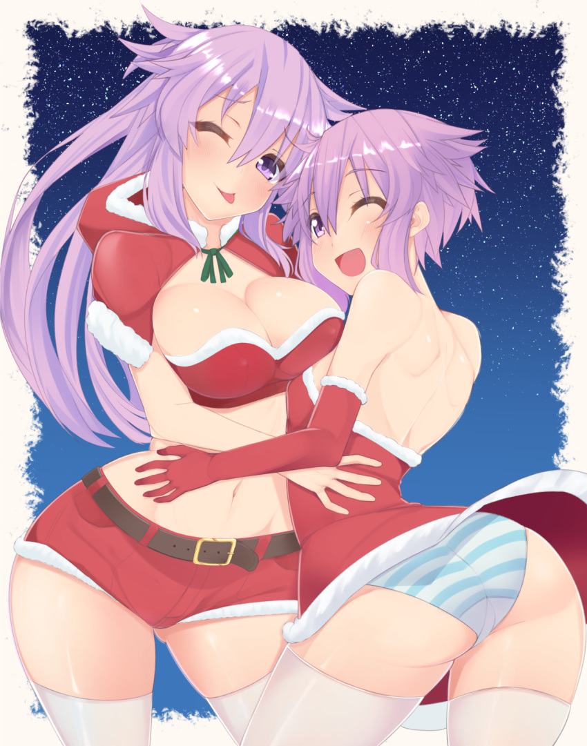 2girls ;d ;p adult_neptune ass asymmetrical_docking bare_shoulders belt blush breast_press breasts christmas cleavage commentary_request cowboy_shot crop_top dress dura elbow_gloves framed gloves highres hug large_breasts long_hair looking_at_viewer looking_back multiple_girls navel neptune_(choujigen_game_neptune) neptune_(series) night night_sky no_hair_ornament one_eye_closed open_mouth panties pantyshot purple_hair red_capelet red_dress red_gloves santa_costume shin_jigen_game_neptune_vii short_hair short_shorts shorts sky small_breasts smile star_(sky) starry_sky striped striped_panties thigh-highs tongue tongue_out underwear upskirt violet_eyes white_legwear