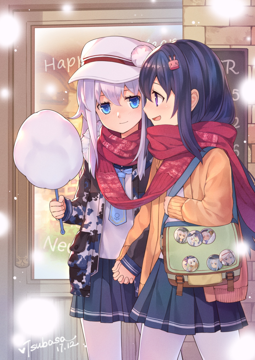 2girls :d absurdres akatsuki_(kantai_collection) artist_name badge bag blue_eyes blue_skirt blush commentary_request cotton_candy dated hair_between_eyes hair_ornament hairclip hand_holding hat hibiki_(kantai_collection) highres interlocked_fingers kantai_collection lavender_hair long_hair looking_at_another multiple_girls open_mouth outdoors pantyhose pleated_skirt purple_hair red_scarf scarf shared_scarf skirt smile snowing tsubasa_tsubasa violet_eyes white_legwear