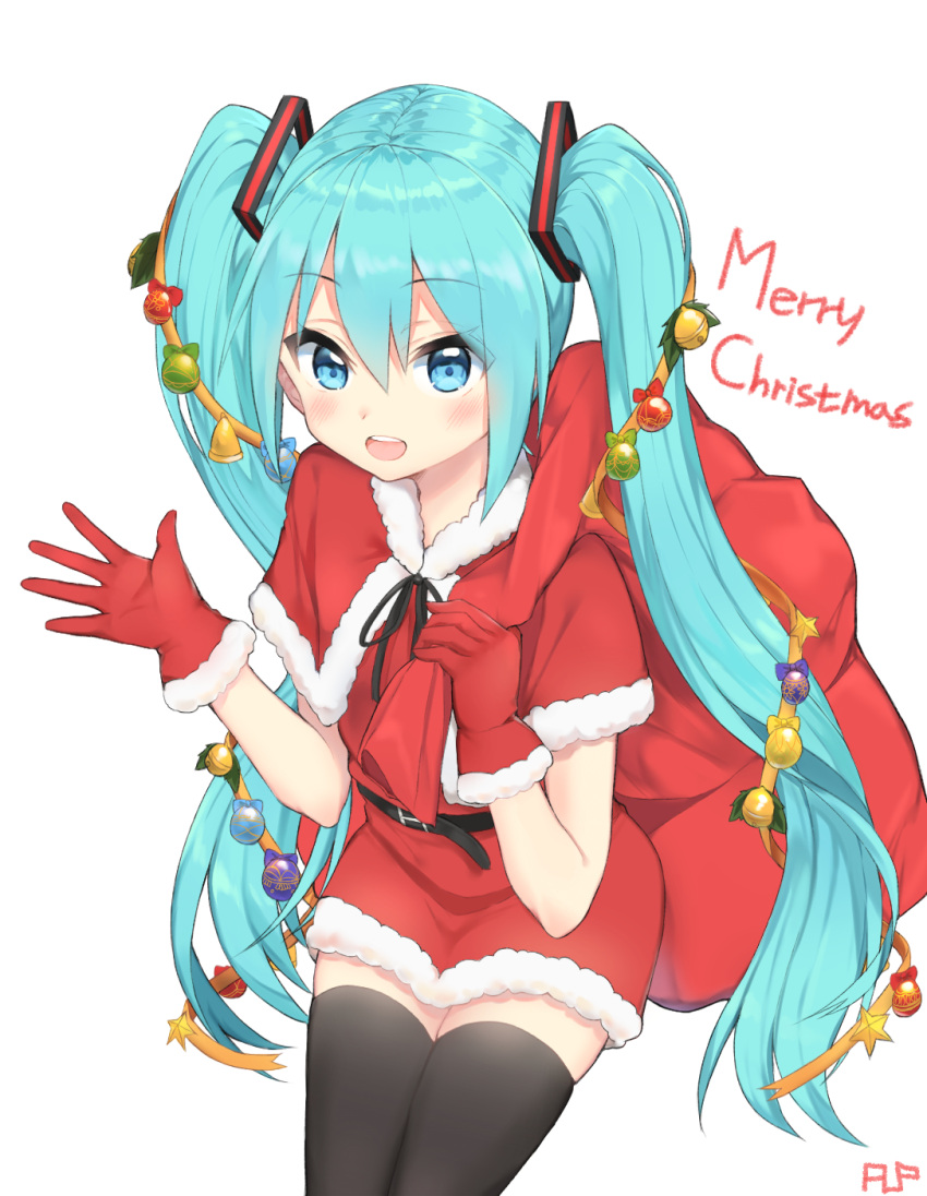 1girl applepie_(12711019) aqua_eyes aqua_hair belt black_legwear christmas eyebrows_visible_through_hair gloves hatsune_miku highres long_hair looking_at_viewer merry_christmas open_mouth red_gloves sack santa_costume simple_background solo thigh-highs twintails very_long_hair vocaloid white_background