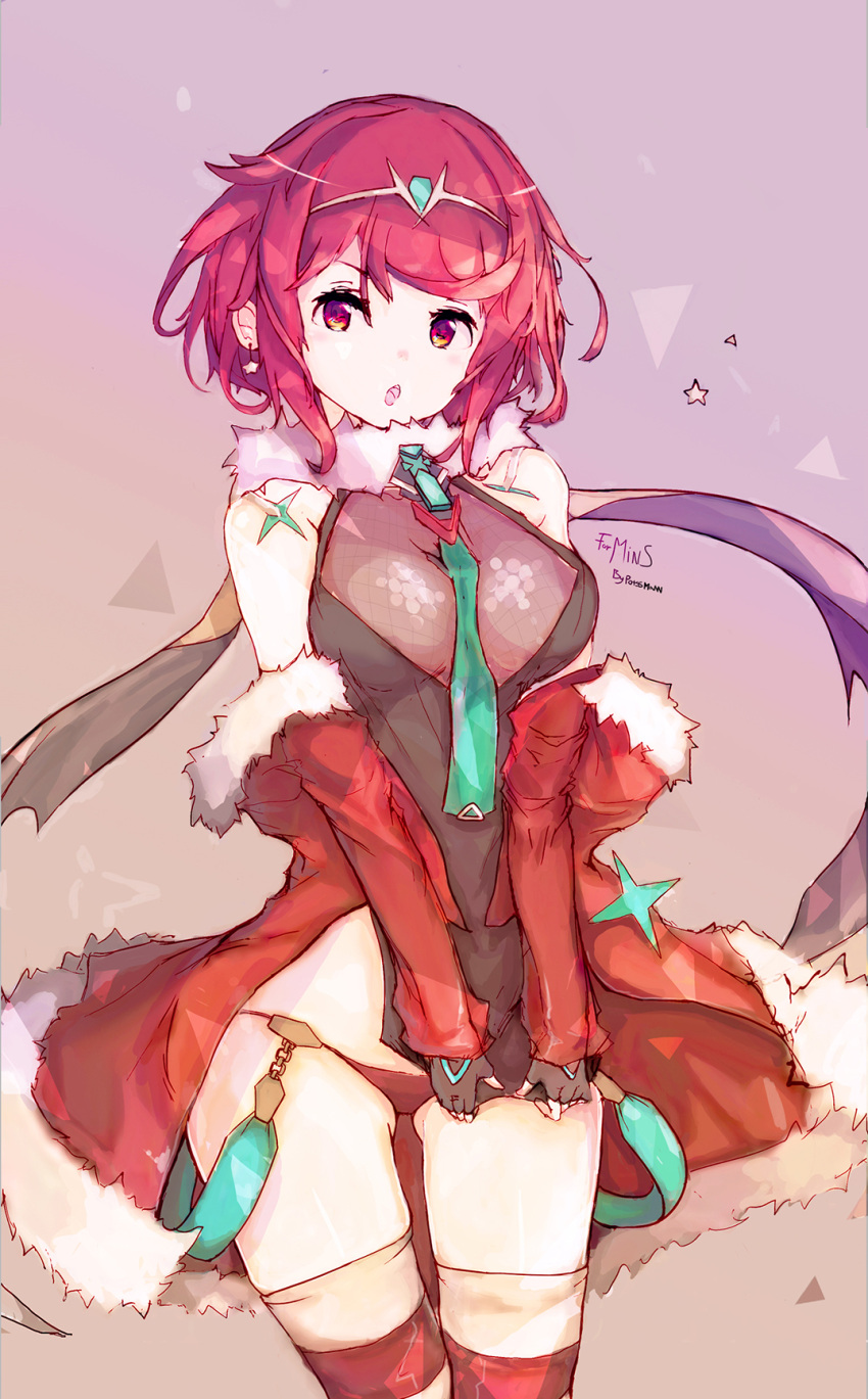 1girl artist_request blush breasts christmas fingerless_gloves gloves highres pyra_(xenoblade) jewelry large_breasts navel open_mouth panties red_eyes redhead short_hair simple_background solo tiara underwear xenoblade xenoblade_2