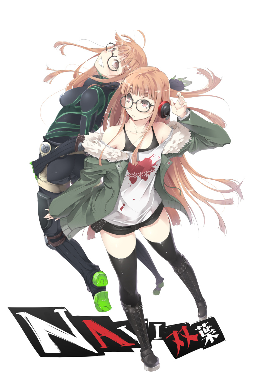 1girl absurdres belt_boots black-framed_eyewear boots brown_eyes cross-laced_footwear dual_persona fur_trim glasses green_jacket headphones highres jacket lace-up_boots off-shoulder_shirt off_shoulder orange_hair persona persona_5 sakura_futaba satomi shirt shorts simple_background smile solo standing teeth thigh-highs thigh_boots white_background