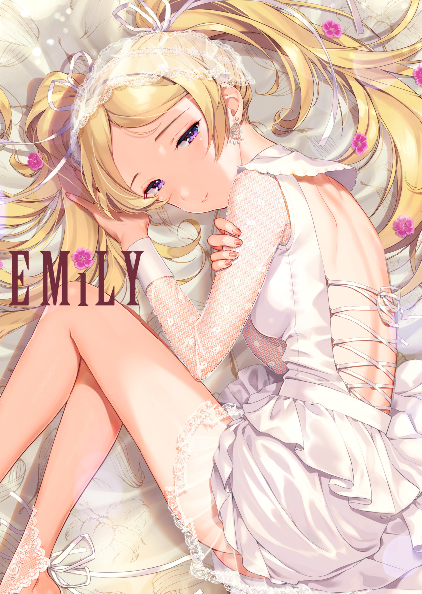 1girl absurdres bangs bed_sheet blonde_hair breasts brown_nails character_name closed_mouth commentary_request dress earrings emily_stewart fingernails forehead hair_ribbon highres idolmaster idolmaster_million_live! jewelry joey_koguma layered_dress light_smile long_hair long_sleeves looking_at_viewer lying medium_breasts on_side open-back_dress parted_bangs purple_flower ribbon shoulder_blades solo twintails veil very_long_hair violet_eyes white_dress white_ribbon