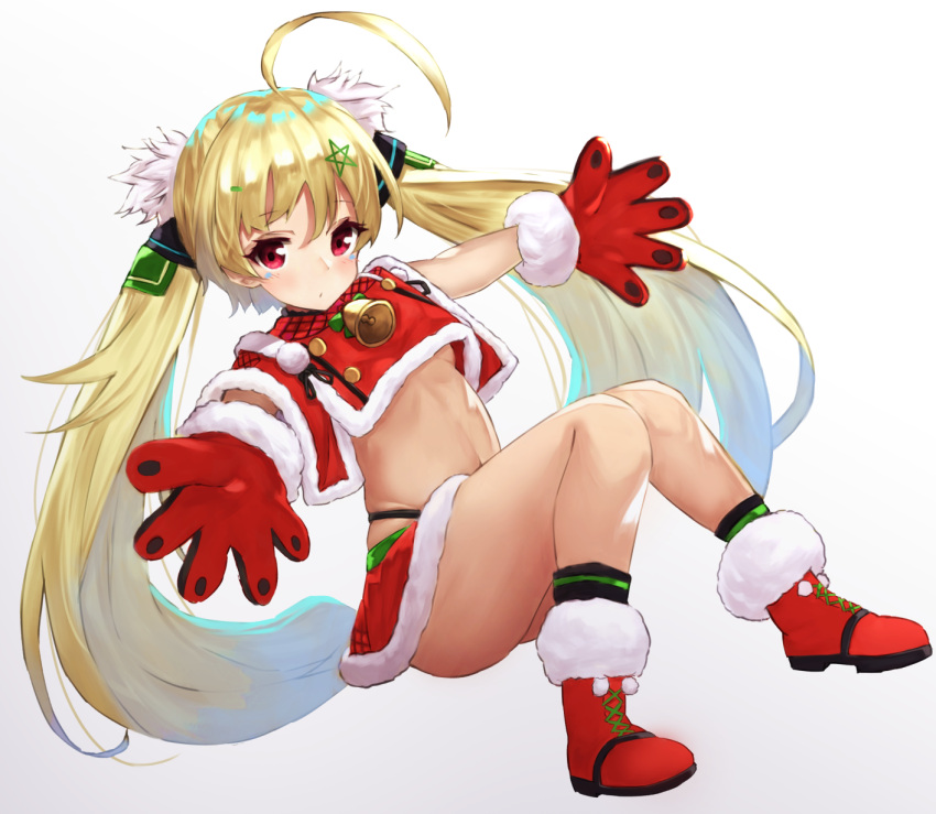 1girl ahoge azur_lane bangs bell black_legwear blonde_hair blush breasts closed_mouth commentary_request eldridge_(azur_lane) eyebrows_visible_through_hair full_body fur-trimmed_boots fur-trimmed_capelet fur-trimmed_gloves fur-trimmed_skirt fur_trim gloves hair_between_eyes hair_ornament highres long_hair looking_at_viewer outstretched_arms red_capelet red_eyes red_footwear red_gloves red_skirt simple_background sitting skindentation skirt small_breasts socks solo spread_arms twintails under_boob very_long_hair white_background yuuki_nao_(pixiv10696483)