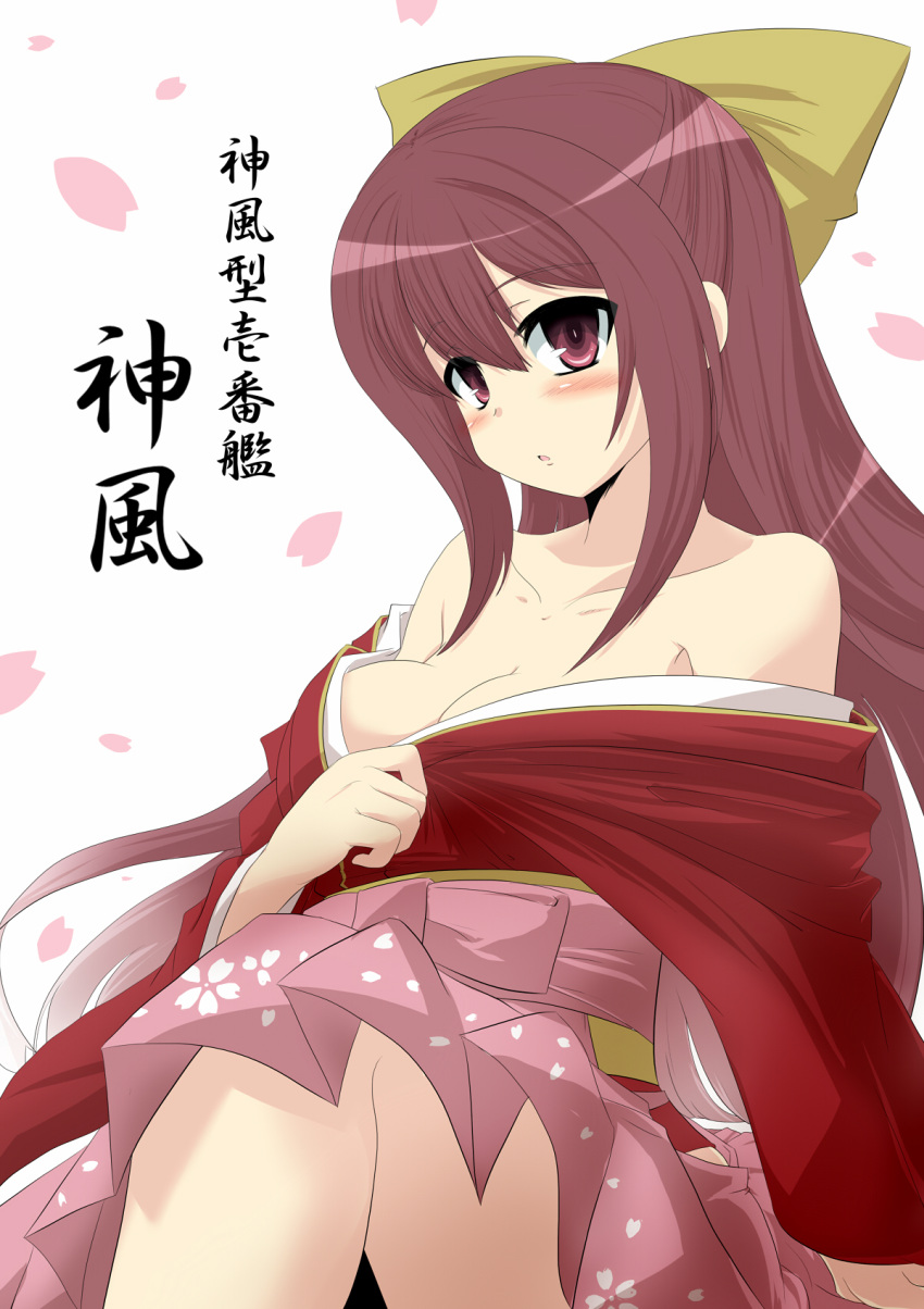 1girl bow breasts cleavage commentary_request floral_print gomasamune hair_bow highres japanese_clothes kamikaze_(kantai_collection) kantai_collection kimono long_hair long_sleeves looking_at_viewer meiji_schoolgirl_uniform obi open_clothes open_kimono parted_lips petals sash sidelocks skirt solo translated white_background wide_sleeves