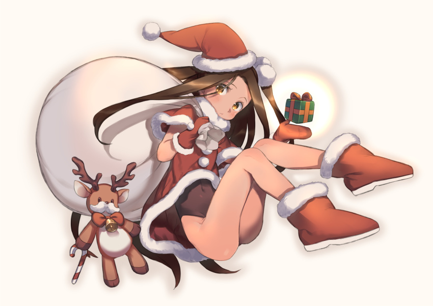 1girl amana_(pocketkey) black_leotard blush brown_eyes brown_hair candy candy_cane capelet christmas closed_mouth food forehead full_body fur_trim gift hair_bobbles hair_ornament half_updo hat highleg highleg_leotard highres holding holding_gift knees_up leotard long_hair looking_at_viewer mittens navel one_side_up original reindeer sack santa_costume santa_hat sidelocks solo thighs very_long_hair wavy_hair