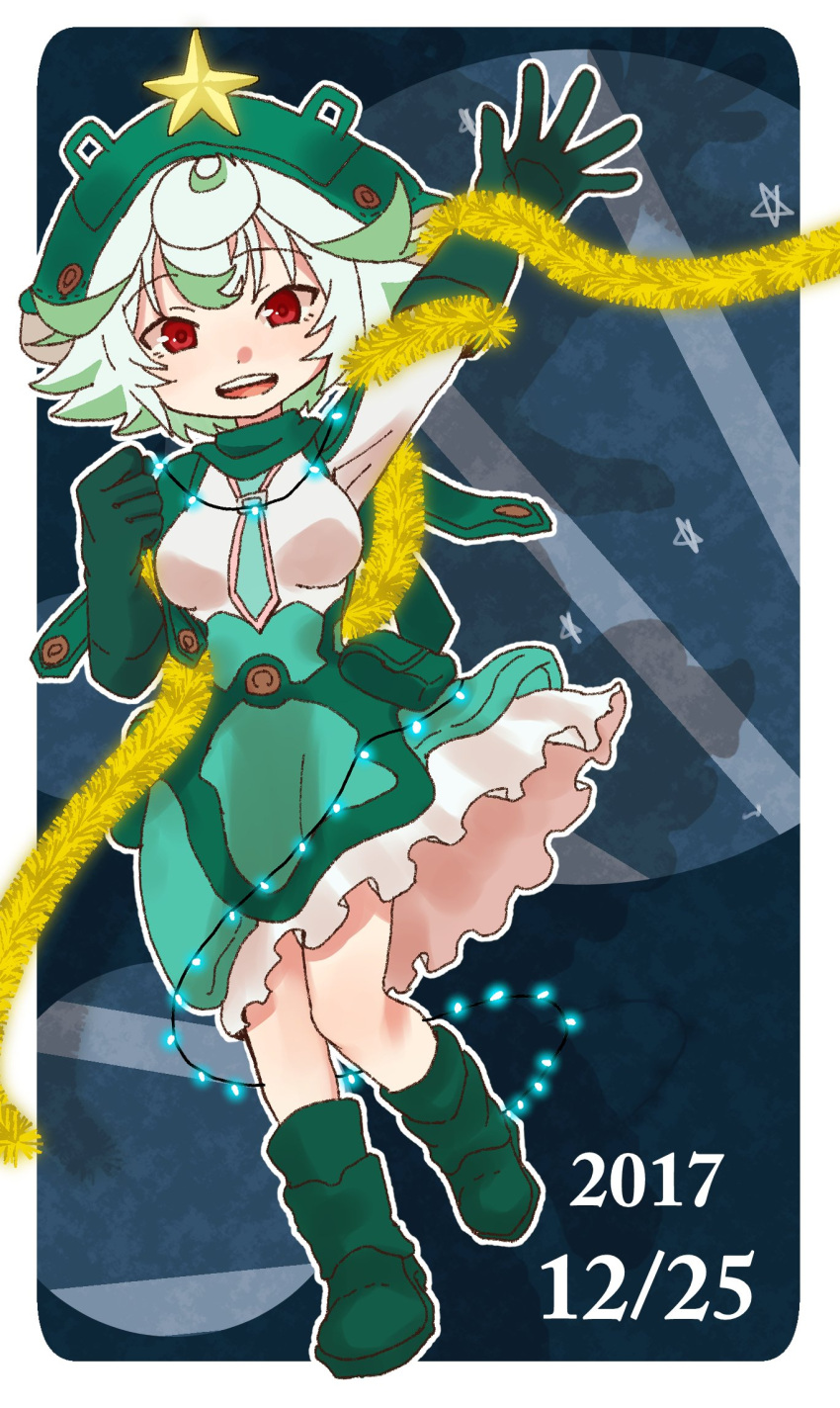 1girl :d bangs blush boots christmas_lights christmas_ornaments dated dress eyebrows_visible_through_hair gloves green_dress green_footwear green_gloves green_hair green_hat hand_up hat highres looking_at_viewer made_in_abyss open_mouth prushka red_eyes short_hair smile solo standing standing_on_one_leg star usuki_(usukine1go) waving