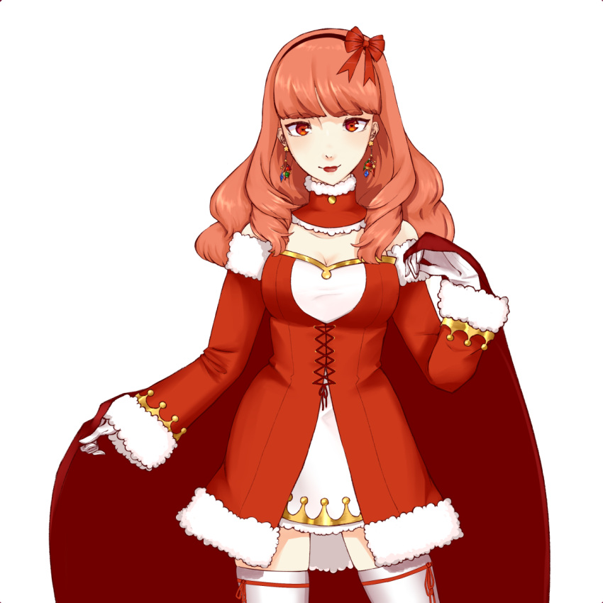 1girl bow cape celica_(fire_emblem) fire_emblem fire_emblem_echoes:_mou_hitori_no_eiyuuou fire_emblem_gaiden gloves hair_bow hair_ornament highres long_hair looking_at_viewer red_eyes redhead santa_costume santa_gloves smile solo
