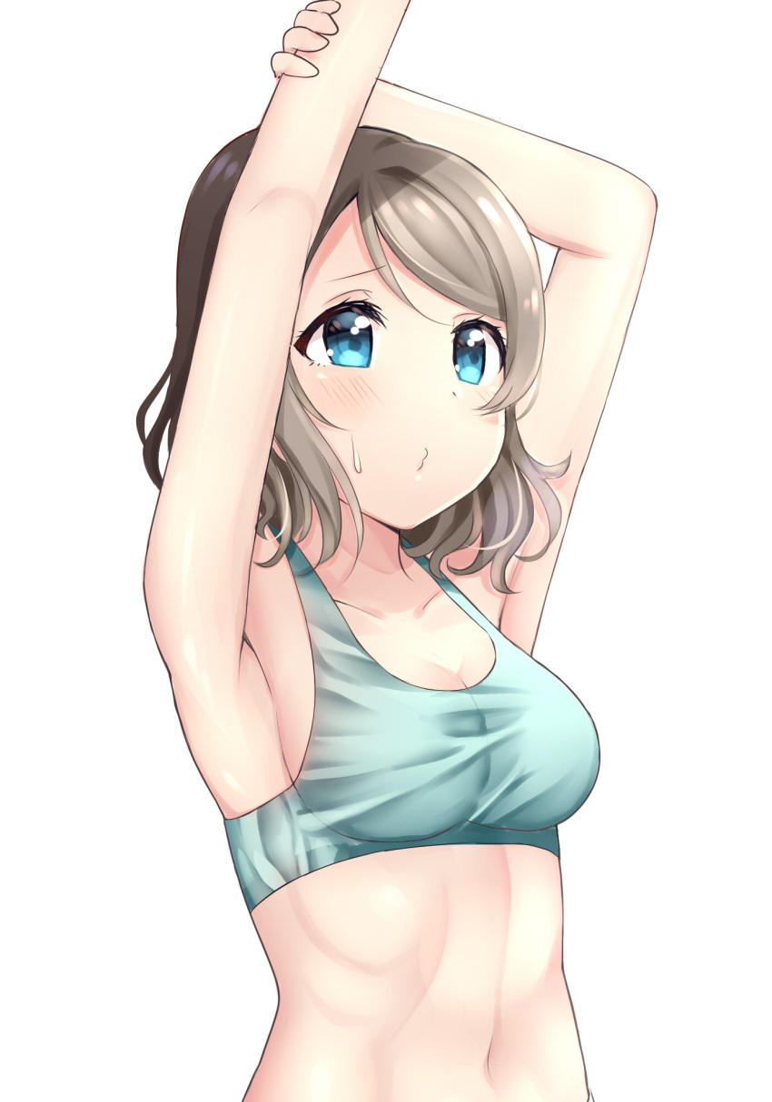 1girl armpits arms_up bangs blue_eyes blush breasts brown_hair cleavage closed_mouth collarbone highres looking_afar love_live! love_live!_sunshine!! medium_breasts mizukoshi_(marumi) navel o3o pouty_lips shiny shiny_hair simple_background solo sports_bra stomach stretch sweat swept_bangs tareme upper_body watanabe_you white_background