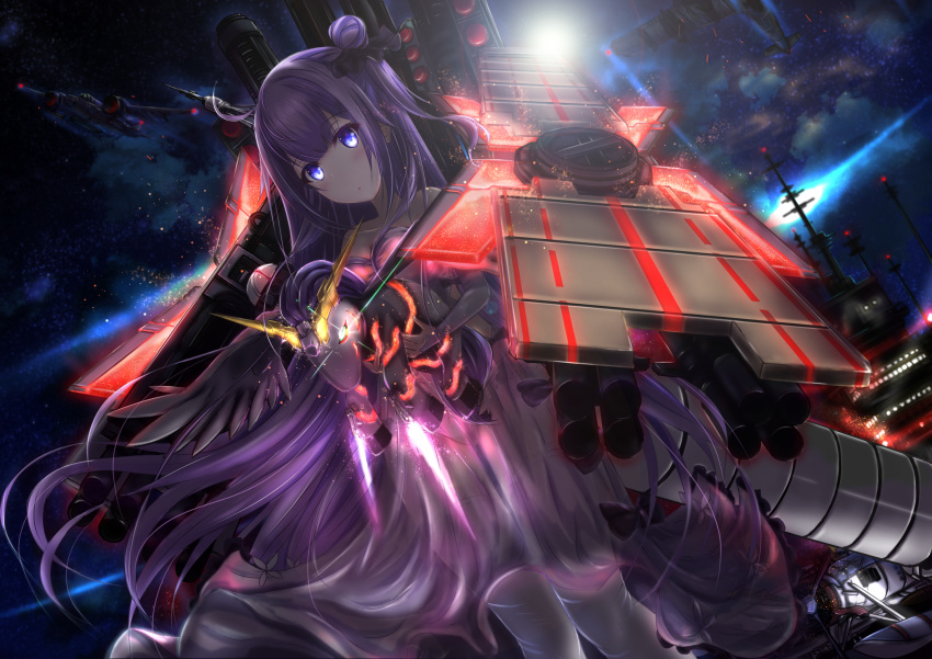 1girl aircraft azur_lane dress glowing glowing_eyes hamamoto_shiyuu highres long_hair military military_vehicle night night_sky nt-d purple_hair shield ship sky stuffed_animal stuffed_toy stuffed_unicorn unicorn_(azur_lane) unicorn_gundam violet_eyes warship watercraft weapon white_dress white_legwear