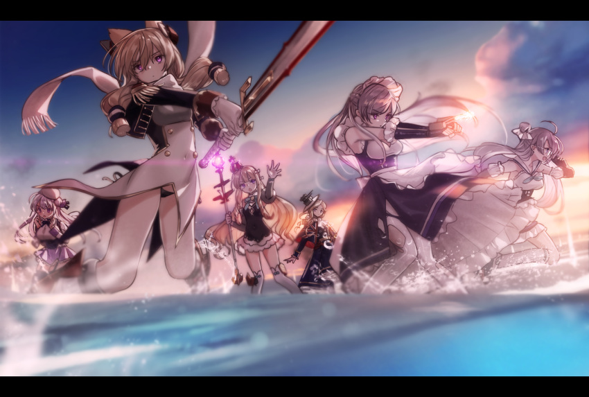 6+girls :d animal_ears apron azur_lane bangs belfast_(azur_lane) beret black_dress black_jacket black_panties black_shirt blonde_hair blue_capelet blue_dress braid cannon cat_ears character_request chestnut_mouth closed_mouth clouds commentary_request covered_navel cropped_jacket dress elbow_gloves epaulettes eyebrows_visible_through_hair fingerless_gloves flag_print frilled_apron frills fringe glasses gloves hair_between_eyes hair_bun hat headgear holding holding_staff holding_sword holding_weapon hood_(azur_lane) jacket long_hair long_sleeves looking_at_viewer maid_headdress military_jacket multiple_girls ocean open_mouth panties pantyhose parted_lips print_capelet purple_skirt queen_elizabeth_(azur_lane) sailor_collar scarf shirt short_hair_with_long_locks side_bun silver_hair skirt sky sleeveless sleeveless_dress smile staff sword thigh-highs torn_clothes torn_pantyhose tsukigami_runa turret underwear union_jack very_long_hair violet_eyes waist_apron warspite_(azur_lane) water weapon white_apron white_gloves white_hat white_legwear white_sailor_collar white_scarf white_skirt