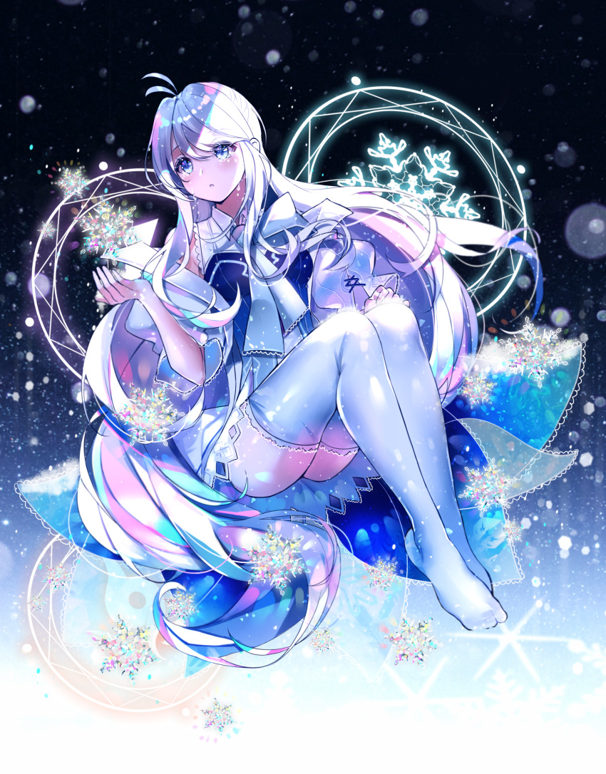 1girl aether_sage_(elsword) aisha_(elsword) alternate_color black_background blue_background blue_eyes blue_hair blue_legwear blue_neckwear blush crying crying_with_eyes_open elsword full_body gradient gradient_background highres light_particles lium long_hair multicolored_hair necktie skirt snowflakes solo tears thigh-highs white_hair white_skirt